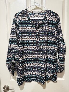 Van Heusen Patterned Tunic Top in Navy, Teal & Pink